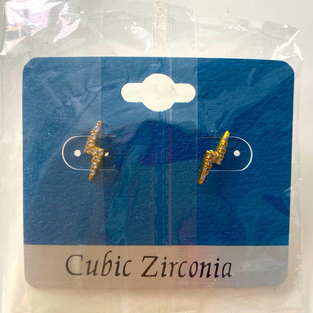 Gold tone Lightning Bolt Earrings w rhinestones